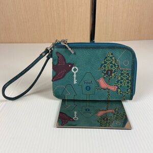 Fossil Genuine Leather Birdhouse Appliqué Zip Wristlet Wallet Teal